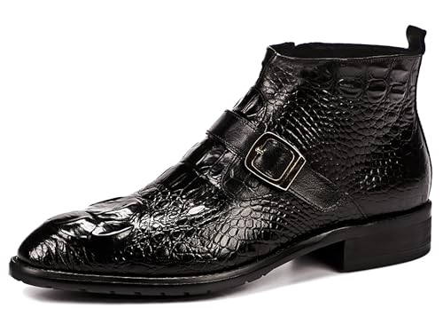 Santimon Mens Zipper Dress Leather Crocodile Print Bukle Strap Ankle Fashion Monk Boots