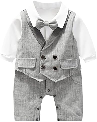 Hresadio Baby Boys Gentleman One-Piece Romper Newborn Gentleman Formal Tuxedo Outfit Suit(Grey 12-18 Months)