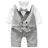 Hresadio Baby Boys Gentleman One-Piece Romper Newborn Gentleman Formal Tuxedo Outfit Suit(Grey 12-18
