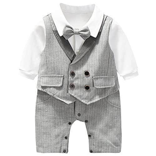 Hresadio Baby Boys Gentleman One-Piece Romper Newborn Gentleman Formal Tuxedo Outfit Suit(Grey 12-18 Months) #TOP5