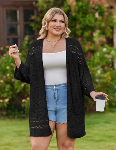 Image of IN'VOLAND Plus Size Crochet Cardigan for Women Summer Lightweight 3 /4 Sleeve Kimono Boho Open Front Knitted Cardigans