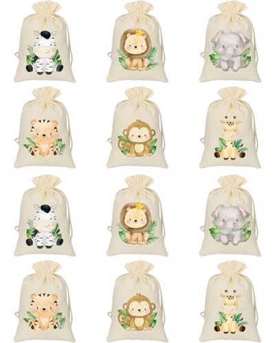 JUKOTA 12Pcs Saquitos Tela Algodón 6 Modelos Animales Selva Bolsas Regalo Cumpleaños Infantil Bolsitas Detalles Chuches Dulces Caramelos Invitados Fiesta Baby Shower Nacimiento Bautizo Niños Bebé