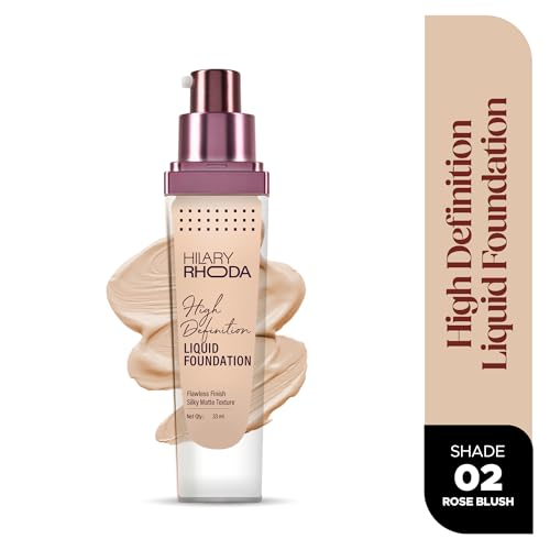 Image of Hilary Rhoda High Definition Foundation for Women | Hides Pores & Blemishes | HD Foundation For All Skin Types | Blendable Formula | Natural & Matte Finish | High Coverage Liquid Foundation - 33ml (Rose Blush - Shade 02)