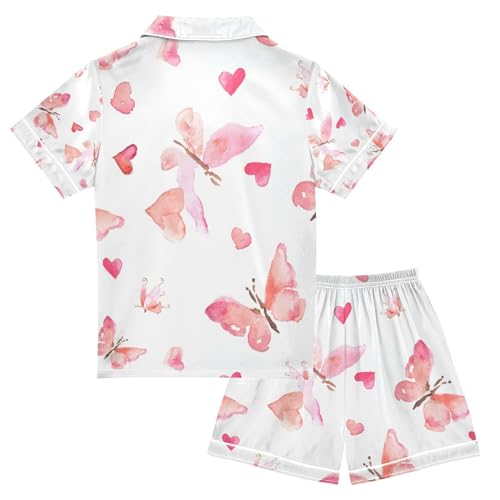 senya Pink Butterflies with Hearts Satin Summer Pajama Sets Silk Short Sleeve Button Down Sleepwear2