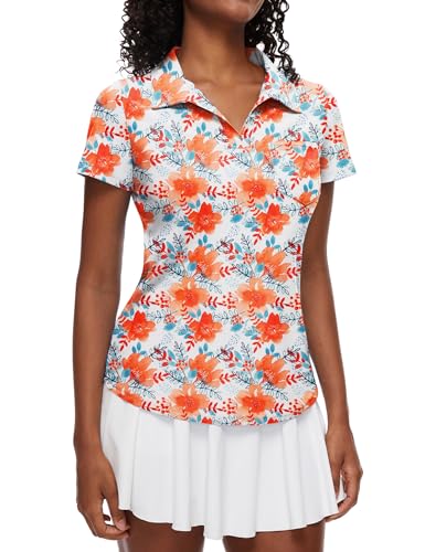 Loovoo Womens Floral Golf Polo Shirts Short Sleeve Collared Tshirt For Work Quick Dry Workout Sport Tops Orange Floral S cover