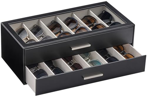 Lolalet 12 Slots Sunglasses Organizer, 2-Layer Sunglass Box with Transparent Glass Lid Display Case Storage Holder for Eyewear Eyeglass Multiple Pairs Glasses -Black