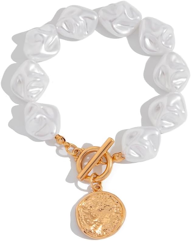 Statement Chunky Gold Baroque Pearl Coin Pendant Bracelet for Women, Vintage OT Buckle Clasp Irregular Pearls Bracelets Charming Prom Party Jewelry Gifts - Image 8