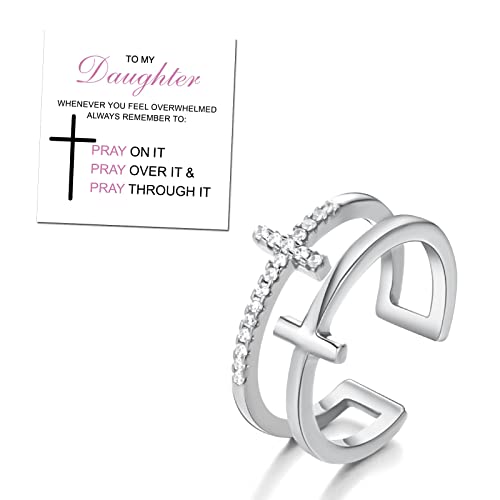 Harlermoon To My Daughter Pray Through It Cross Ring Double Cross Adjustable Baptism Gold CZ Diamond Creative Wedding Commitment Ring for Woman
