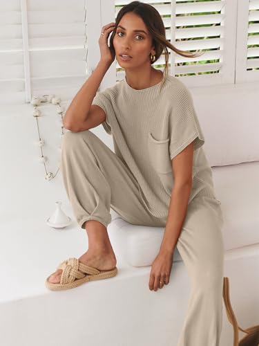 Image of ANRABESS Women's Two Piece Outfits Sweater Sets Knit Pullover Tops and High Waisted Pants Tracksuit Lounge Sets