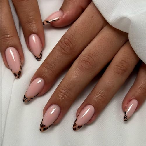 Image of Leopard Print Nails Press ons French Tip Press on Nails Medium Almond Fake Nails Nude Glue on Nail Glossy Full Cover Artificial Acrylic Stick on Nail for Women Manicure 24Pcs