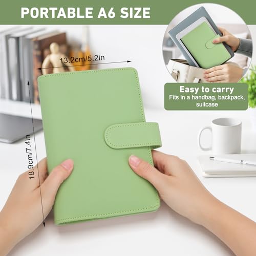 AKONEGE PU-Leder A6 Ringbuch 6-Ringordner für A6-Füllpapier und Loseblatt-Taschen, Budget-Umschläge, nachfüllbares Notizbuch A6 persönlicher Planer für Tagebuch, Arbeit, Geldorganizer, Matchagrün