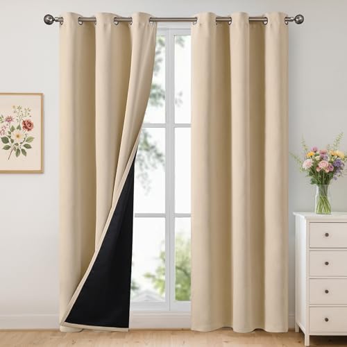 Image of YoungsTex 100% Blackout Curtains 84 Inch Length 2 Panels, Room Darkening Drapes with Liner Thermal Insulated for Bedroom Window, Warm Beige, 42 X 84 Inch