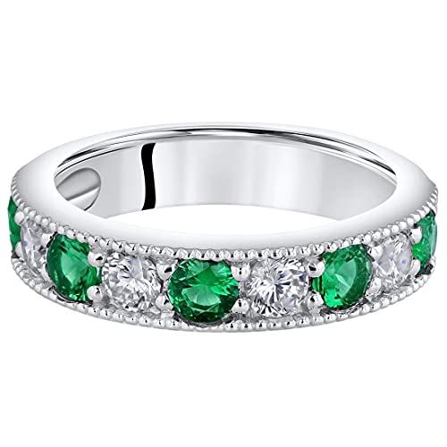 Peora Simulated Emerald 4Mm Milgrain Half-Eternity Anniversary Wedding Ring Band For Women 925 Sterling Silver, 0.50 Carat Total Round Shape, Size 6 #TOP2