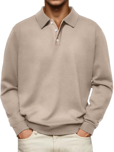Camiseta Polo Hombre Manga Larga Cuello con Botones Casual Trabajo Pulóver | Ultra suave, Estiramiento, Forro polar térmico, Textura vertical fina, Ajuste holgado, Sólido, Polo térmico para golf miniatura 1
