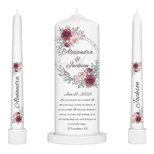 Unity Candle Wedding Set, Set of 3, Personalized 3x9 Pillar