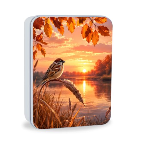Image of Decorative Metal Tin Box with Lid,Bird Sunset Lake Organizer