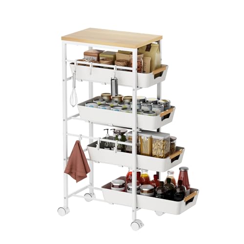 Landmok 5-Tier Slim Storage Cart, Wooden Top Rolling Kitchen Cart with Pull-Out Baskets & Wheels, Narrow Space Utility Cart Slide Out Organizer for Kitchen, Bathroom, Laundry Room, White
