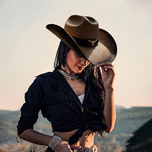 Fluffy Sense. Cowboy Hat For Women And Men - Straw Cattleman Crease Western Hats With Upgrade 4 Inches Shapeable Wide Brim (Dark Brown) #TOP5