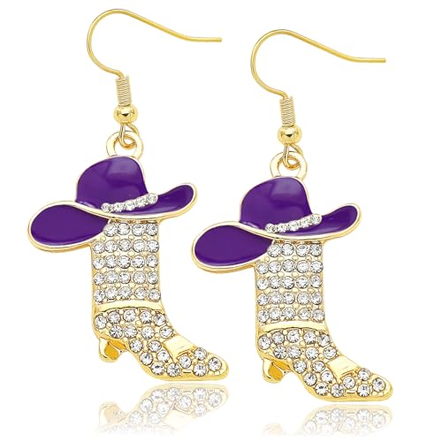 Rhinestone Western Boots Earrings Cowgirl Cowboy Enamel Hat Bohemian Rodeo Boot Drop Dangle Earrings for Women, Clear Crystal,Golden Color & Purple Hat