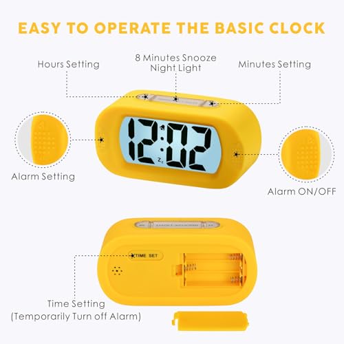Image of Plumeet Kids Alarm Clock Large Digital LCD Travel Alarm Clocks with Snooze and Night Light - Ascending Sound and Handheld Size - Best Gift for Kids (Yellow)