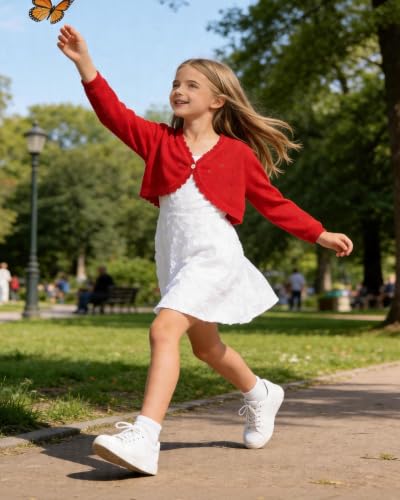 Image of Girls Cardigan, Girls Bolero Shrug Sweater, Kids Knit Hollow Out Long Sleeve, Button Cover Up Cropped Tops