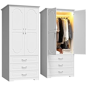 Armoire Wardrobe Closet with 3 Drawers and LED Light 72″ Wooden Bedroom Armoire with 2 Doors and Retro Ceramic Door Handles Modern Wardrobe Cabinet with Removable Hanging Rod White