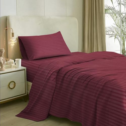 Image of Naksh Single Bedsheet Cotton 210 TC Stripes, Wine | 1 Bedsheet for Single Bed (54 x 90 Inch) and 1 Pillow Cover
