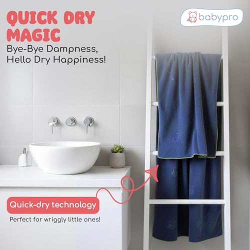 Image of BabyPro Microfiber Baby Bath Towel for Boys & Girls, 0-5 Years, 70 x 110 cm | 100%Cotton, Ultra Soft, Quick Dry, Ultra Absorbent, Lightweight, Navy Blue
