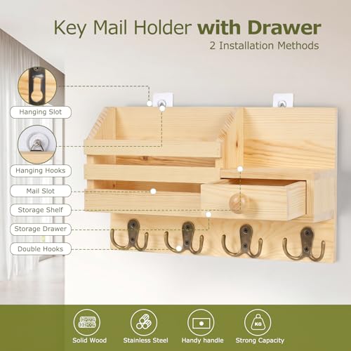 Image of Key Holder Wall Mount, Wooden Adhesive Mail and Key Organizer with Drawer, Small Shelf, 8 Hooks, 2 Installation Methods, Natural