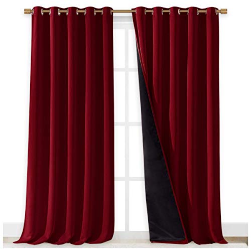 Image of NICETOWN Truly Blackout Drapes for Living Room, Heavy-Duty Full Light Shading Curtain Set with Black Liner Backing for Villa /Hall /Dorm Window（Burgundy Red, Set of 2, 70 inches Wide x 95 inches Long