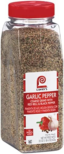Lawry's Coarse Grind Garlic Pepper with Red Bell & Black Pepper, 22 oz - One 22 Ounce Garlic Pepper Seasoning with Parsley, Great on Beef, Seafood, Salads and Vegetables