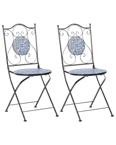 Beliani Lot de 2 Chaises de Jardin Vintage en Métal Extérieur Motif Mosaïque Bleue Cadre en Fer Pliantes Noir Civita
