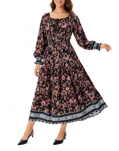 Image of OSTOO Women's 2026 Casual Long Sleeve Square Neck Smocked High Waist Flowy Maxi Dress,Boho Tiered Beach Party Dress