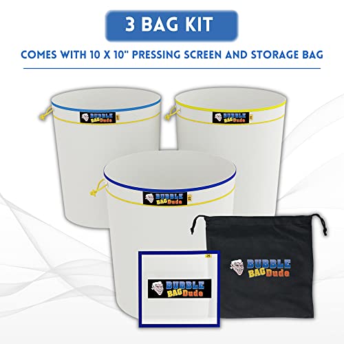 Bubblebagdude Bubble Bags All Mesh 5 Gallon 3 Bag Set Herbal Ice Essence Extraction Bag Kit With 10 X 10” (25 Micron) Pressing Screen And Storage Bag #TOP1