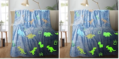 Image of TEHALK Dinosaur Glow in The Dark Blanket for Kids, Toddler Blanket for Boys, Dinosaur Gifts for Boys /Kids, Soft Fleece Blanket Throw, Birthday Gifts 40 inchx60 inch (Pack of 2)