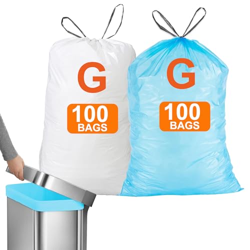Image of 200 Count for Code G Blue & White Compatible with simpIehuman Code G 8-9 Gallon 1.2 Mil THICK Heavy Duty with Reinforced Drawstring Tear Resistant White 100 & Blue 100 Total 200 Count GRAND SAVE!