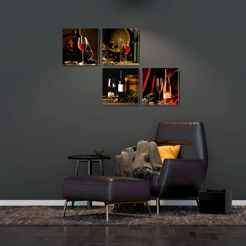 Wine Wall Art For Kitchen Canvas Paintings Dining Room Décor Goblet And Wine Barrel Pictures Vintage Prints Framed Modern Artwork 4 Pieces Home Décor For Living Room Bathroom 12”X12” #TOP3