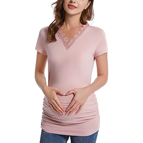 Maternity Shirts Tops for Women, V-Lace Neckline Side Ruched Short Sleeve Pregnancy Blouses Clothes Tshirts, Pink, Large Cover