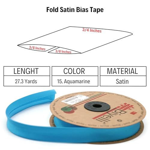 Image of Fold Satin Bias Tape - 99+ Colors - 3 /4 Inches Wide - 27 Yards - Fold Satin Binding Bias Ribbon Fabric Piping Bias Binding Tape for Sewing Clothing DIY Aquamarine BYS15