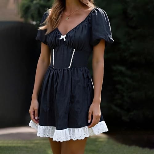 Image of Women Y2k Puff Sleeve Babydoll Dresses Square Neck Tie Back Mini Dress Summer Solid Off Shoulder Flowy Sundress