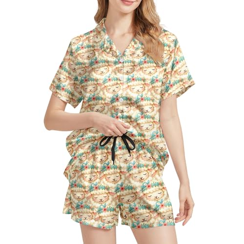 Image of Silk Satin Pajama Set for Women Summer Lounge Pjs Sets 2 Piece Suit Ladies Button Down Tops And Shorts Sleepwear