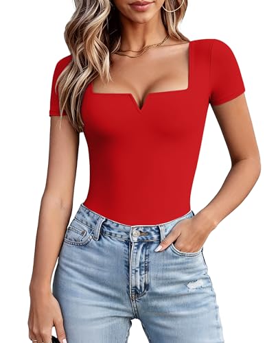Avidlove Red Bodysuit for Women Short Sleeve Square Neck Body Suits V Neck One Piece T Shirt Going Out Tops Sexy Outfits