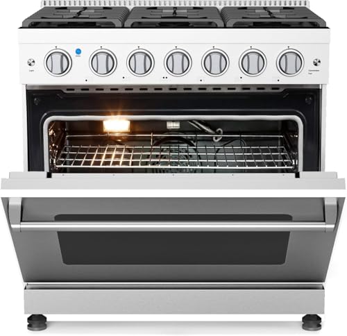 36-Inch Freestanding Gas Range with 6.0 Cu.Ft True Convection Oven - 6 Sealed Burners, Heavy-Duty Cast Iron Grates, Easy Reach Racks, Storage Drawer, In Stainless Steel, Silver