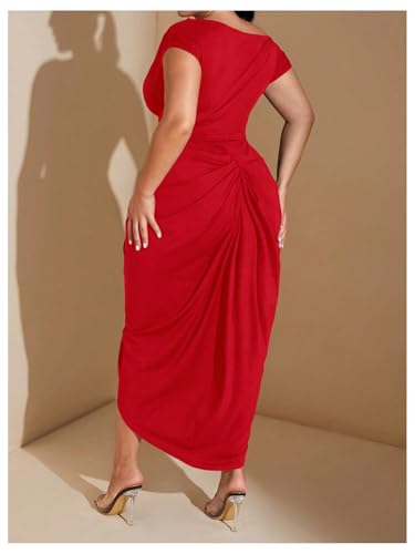Image of Floerns Women's Plus Size Asymmetrical Neck Long Dress Ruched Slit Hem Cocktail Dress