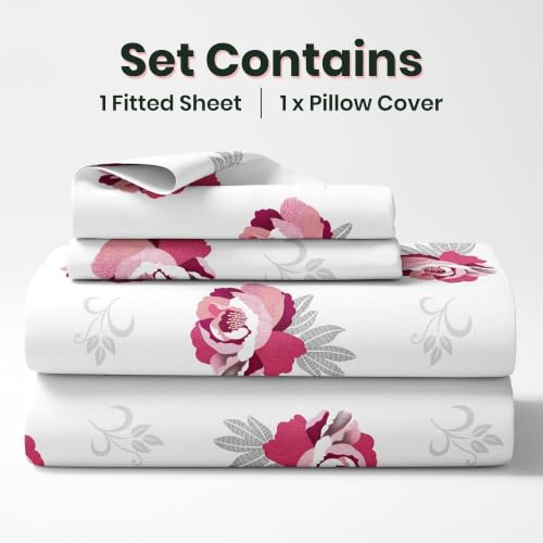 Image of LORETO - A QUALITY LINEN BRAND 210 TC 100% Pure Cotton Single Fitted Bedsheet with 1 Pillow Cover for 78 x 36 Inch Mattress, All-Around Elastic, 8 Inch Deep Pocket, Wine & Pink Floral