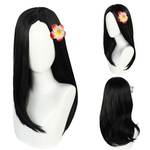 FOUNSHO Princess Wigs with Flower For Women, Black Long Straight Hair Wig, Princess Pretend Fancy Dress Up Costume Black Party Funny Wigs for Halloween Cosplay World Book Day