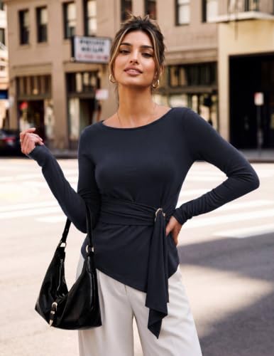Kate Kasin Women Navy Boat Neck Wrap Tops, Asymmetrical Blouses Dressy, Long Sleeve Peplum Shirt Business Casual 2XL — view 2