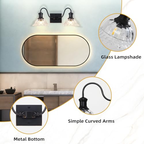 Image of Farmhouse Vanity Lights, 2-Light Vanity Light with Clear Flower Glass Shade, Bathroom Lights Fixtures Over Mirror, Vintage Wall Sconce for Bathroom, Dressing Table