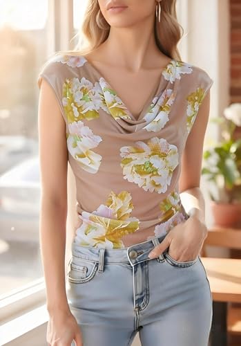 GERT COREL Women's Cowl Neck Sleeveless Top 2026 Sleeveless Ruched Floral Printed Shirts Summer Tank Tops Yellow - image 3
