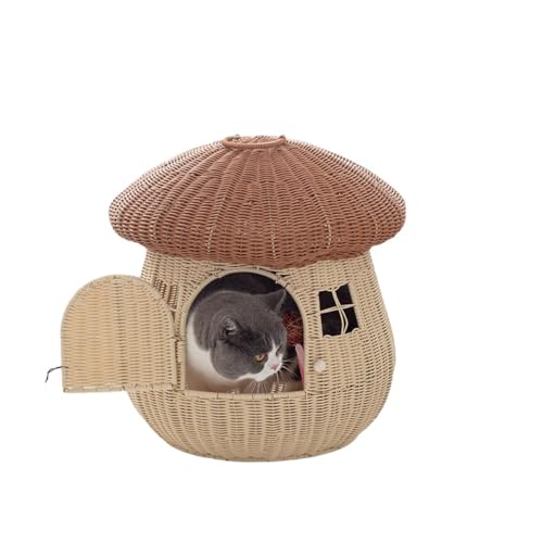 BtcFu密閉型屋外兼家庭用ペット用ラタン製かわいいペットハウス、ラタン製マッシュルームハウス、猫用ベッド、多目的マッシュルームキャットハウス ペットベッド、かわいいラタン製ベッドチェア、屋外用猫用家具 (棕色(不含?子))